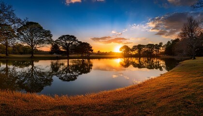 Obraz premium Sunset over a peaceful lake with reflection of trees