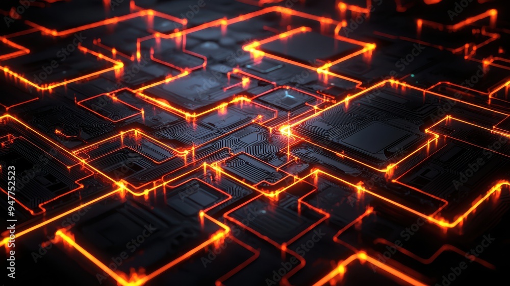Poster abstract digital artwork featuring a glowing circuit board with neon orange pathways, symbolizing te