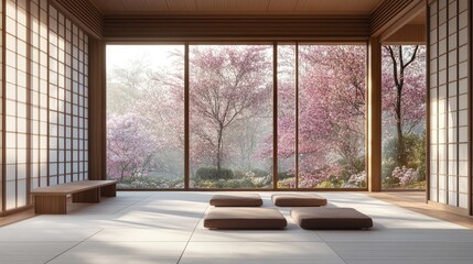 Fototapeta premium Minimalist Japanese interior with tatami mats, shoji screens, and sakura trees visible through large windows. Perfect for branding presentations in a natural setting. 3D render.