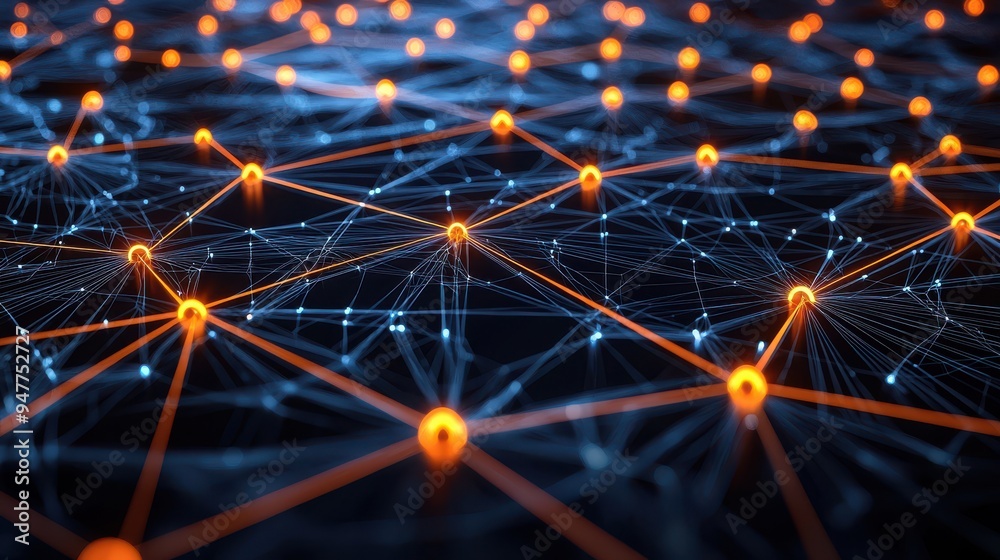 Poster Abstract visualization of a digital network with interconnected nodes and glowing lines, representing data exchange and internet connectivity.

