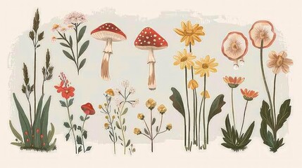 Collection of Illustrated Wildflowers and Mushrooms