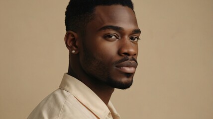 a attractive black men model molding for a photoshoot in a  cream background