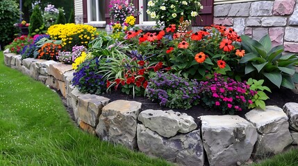 Obraz premium An well managed flowerbed with plants in light and a backdrop of