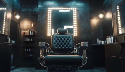 Black barber chair in a barbershop with a mirror and lights in the background. Luxurious interior of a hair salon for men. 