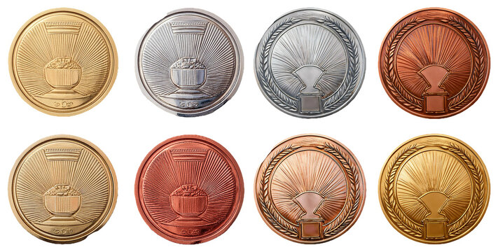 Set of five different award medals in gold silver and bronze isolated on transparent background