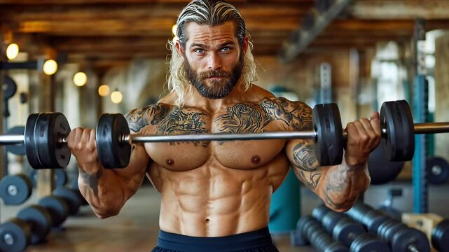 A fitness enthusiast performs challenging dumbbell exercises to strengthen muscles and enhance physique in a well-equipped gym. Focus is on form and technique.