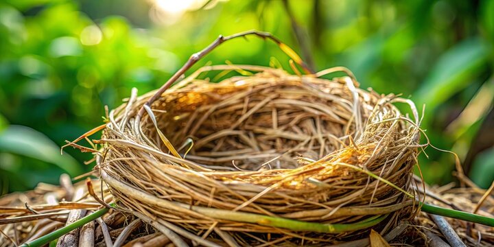 An empty bird nest made from dry grass in a garden