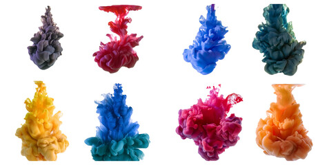 Abstract colorful ink splashes in water isolated on transparent background
