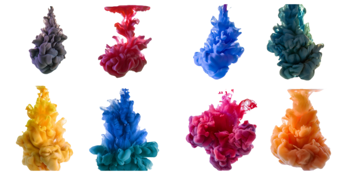 Abstract colorful ink splashes in water isolated on transparent background