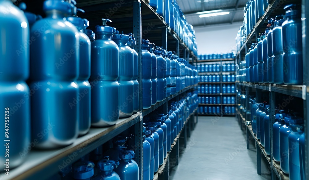 Wall mural blue metal and plastic tanks of various sizes filled with oxygen, or liquid nitrogen gas bottles on 