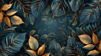 Tropical leaves of dark blue and green color, shiny golden light texture. Luxurious gold wallpaper. Black and gold background.