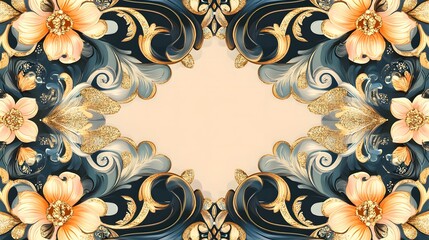 Golden ornate floral frame with a cream background and peach flower accents. Template for quotes, and greetings cards.