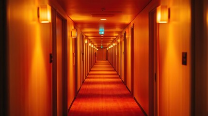 Warmly lit hotel corridor with inviting atmosphere.