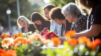 Unity in Remembrance: Multicultural Group Paying Respects at Peace Memorial under Bright Daylight