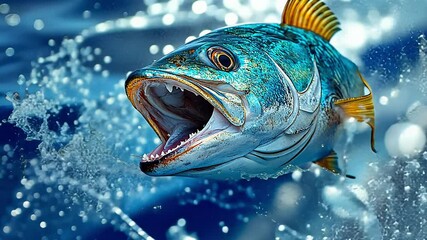 A colorful fish bursts from the waves, showcasing its vivid scales and energetic leap against the backdrop of a glistening ocean on a bright day.