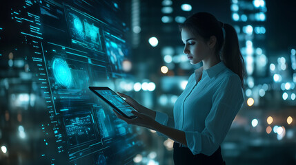 Business woman using a tablet to work with a virtual screen displaying futuristic digital technology and data, with a big city background at night