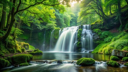 A serene waterfall flowing through a lush green forest , nature, tranquil, peaceful, scenery, landscape, outdoors, wilderness