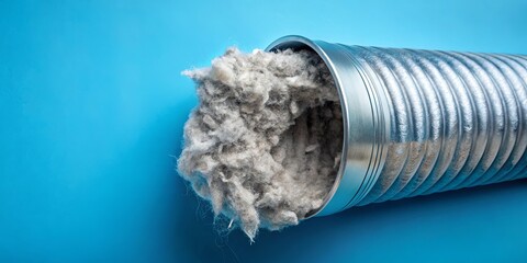 A dirty aluminum dryer vent duct filled with lint against a blue background