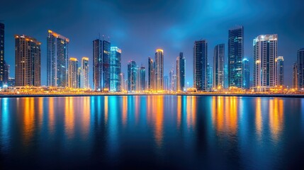 Fototapeta premium Nighttime Skyline: Long exposure view of Dubai Marina at night, with the city lights reflecting brightly on the water, showcasing the skyline's grandeur.