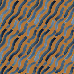 Hand painted watercolor blue indigo wave stripes on brown background. Diagonal waves stripe seamless pattern. For fabric, sketchbook, wallpaper, wrapping paper.
