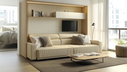 Modern living room with a comfy sofa. Perfect for illustrating home decor, interior design, and comfortable living.