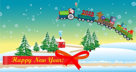 Santa's train full of gifts and toys flies over houses, forests and fields. The mouse is in the first wagon. This beautiful vector illustration is ready for use as a greeting card.