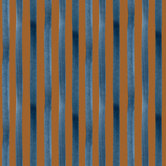 Hand painted watercolor blue indigo striped on brown background. Stripe seamless pattern. For fabric, sketchbook, wallpaper, wrapping paper. bags, cards, banner. Stripes vertical illustration. 