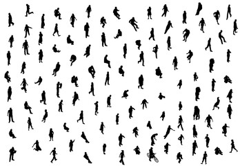 Set with people silhouette in different positions isolated on white background. Men, women and children walking, running, standing, sitting. Isometric view. Vector illustration.