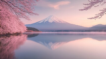 Pink sakura blossoms in the foreground, with Mount Fuji and its reflection in Lake Kawaguchiko at dawn. A serene and iconic spring landscape in Japan.