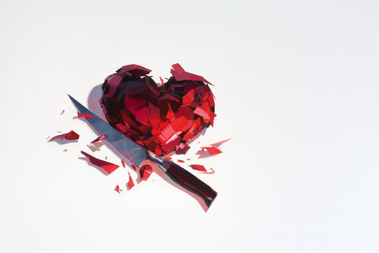 Illustration dramatique d'un c&oelig;ur bris&eacute; en morceaux avec un couteau, symbolisant la douleur, la trahison et la rupture, sur un fond blanc minimaliste Avoir le c&oelig;ur bris&eacute;