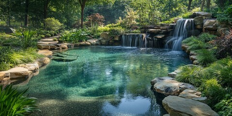Naklejka premium Waterfall flowing into a lush, green pool.