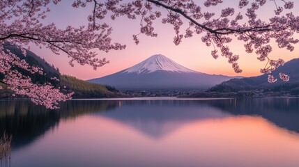 Pink sakura branches in full bloom, with Mount Fuji's snow-capped peak reflecting in Lake Kawaguchiko at dawn. A tranquil Japanese spring landscape.