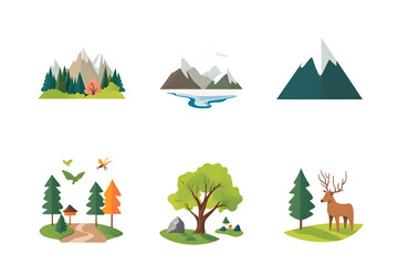 Fototapeta premium A scenic collection of nature and mountain landscape icons featuring forests, trees, wildlife, and serene mountain views, perfect for outdoor-themed designs, travel brochures.