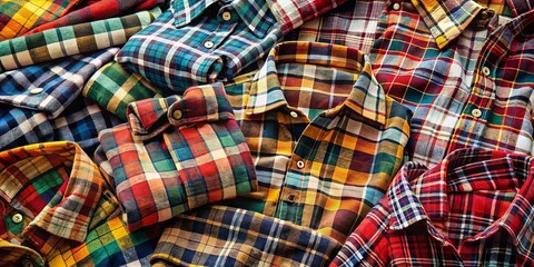 Colorful vintage flannel shirts in a checkered pattern heap together