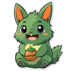 Fototapeta premium Cute Green Cartoon Animal Holding a Nut