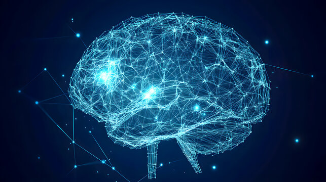 A digital blueprint-style illustration of a human brain, with glowing plexus lines forming a grid-like network. The brain is depicted in a wireframe design
