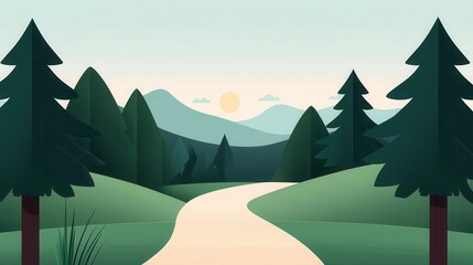 Forest path leading to campsite, tranquil scene, flat design illustration