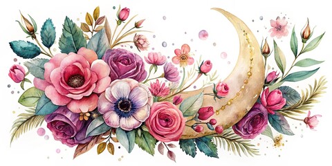 Watercolor of crescent moon with pink anemones, roses, and berries in a bohemian style, with tribal vibes