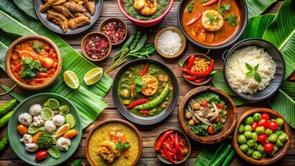Fototapeta premium Traditional Thai food with colorful and flavorful dishes , Thai cuisine, street food, spicy, curry, coconut milk