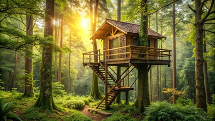 Tree house nestled in a lush forest setting, surrounded by greenery and nature