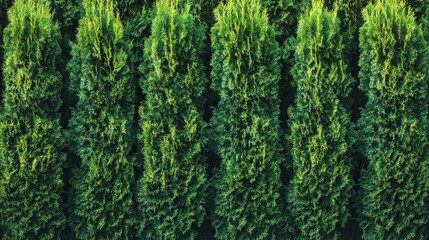 Row of thuja trees forming a green hedge, with dense foliage creating a natural backdrop. Ideal for outdoor and garden scenes.