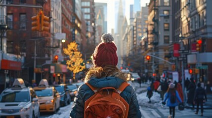 Obraz premium Person in warm clothing with backpack walking down a city street in winter amidst urban buildings and busy traffic.