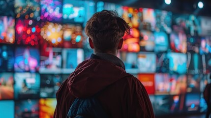 Fototapeta premium Person watching multiple vibrant screens in a dark room, symbolizing digital media, technology, and information overload.