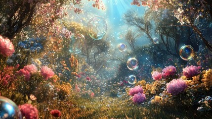 Obraz premium Serene spring landscape featuring blooming flowers and glistening bubbles, creating a magical atmosphere.