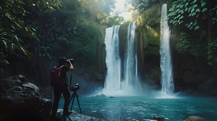 Obraz premium Photographer Capturing the Majestic Waterfall in Lush Rainforest