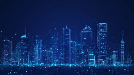 Fototapeta premium Abstract technology smart city panorama in futuristic digital polygonal style. Tech buildings cityscape on dark blue background. Night light city buildings. Low poly wireframe 3D vector illustration.