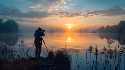 Photographer Capturing the Sunrise Over a Misty Lake