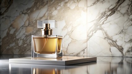 Elegant perfume bottle displayed on a sleek marble podium, fragrance, luxury, beauty, design, cosmetic, elegance, chic
