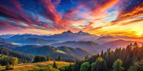 A breathtaking view of a beautiful landscape with mountains and a colorful sky, scenic, panoramic, picturesque, tranquil