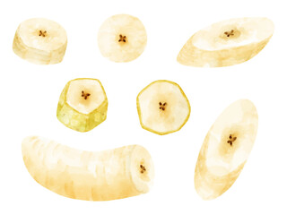 水彩で描いたカットバナナのイラストセット